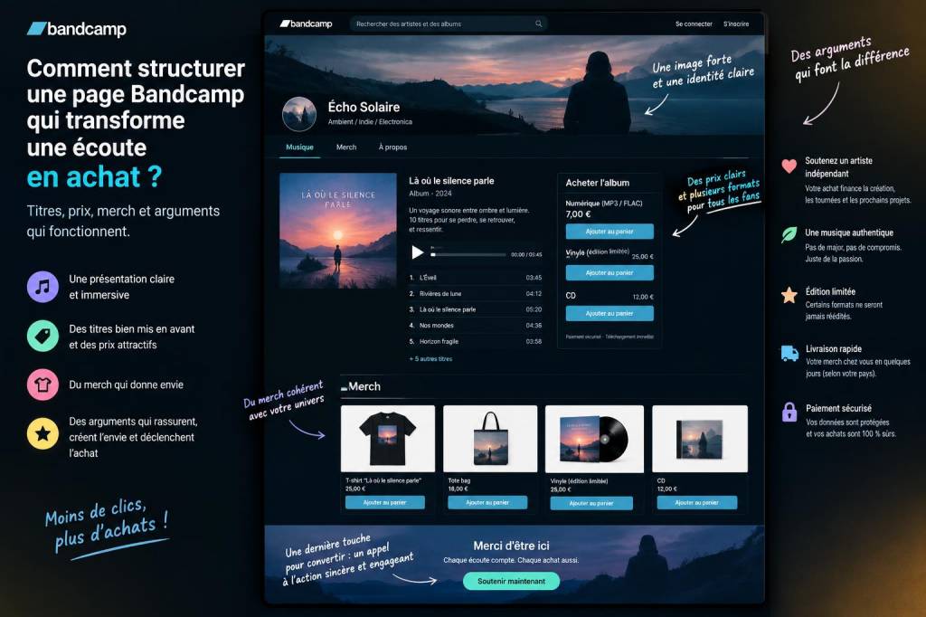 comment structurer une page bandcamp qui transforme une écoute en achat : titres, prix, merch et arguments qui fonctionnent